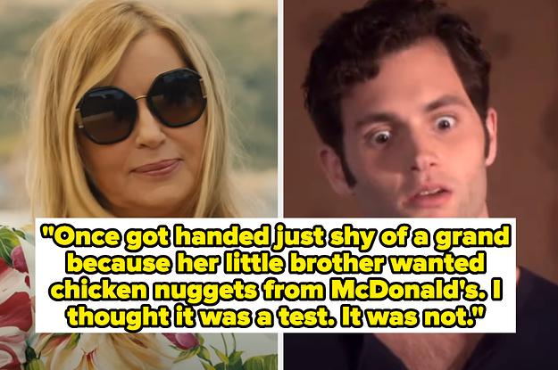 tanya from white lotus and shocked tan from gossip girl captioned "Once got handed just shy of a grand because her little brother wanted chicken nuggets from McDonald's. I thought it was a test. It was not"