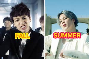 Two separate images that are screengrabs from BTS music videos.