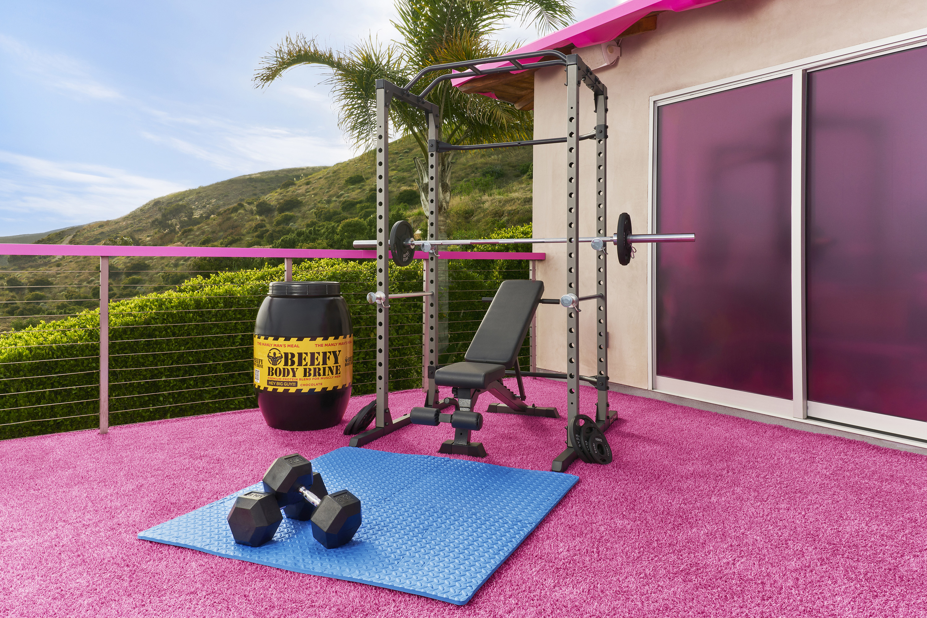 A closeup of gym equipment on the rooftop