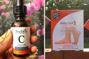 side by side photos of a hand holding a bottle of vitamin c serum and a box of exfoliation foot peels