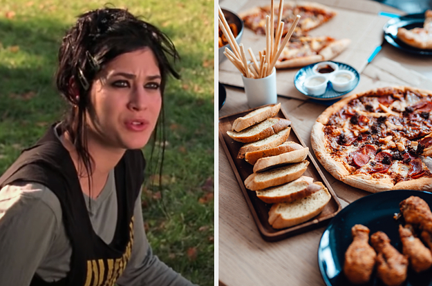 On the left, Janis from Mean Girls, and on the right, a table full of breadsticks, garlic bread, pizza, and chicken wings