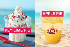A vanilla sundae with sprinkles next to a separate image of a lemon slushie from dairy queen