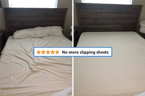 a bed with wrinkled sheets that have slid around, and an after photo of the same bed with sheets pulled tight, next to a 5 star review