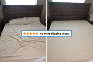 a bed with wrinkled sheets that have slid around, and an after photo of the same bed with sheets pulled tight, next to a 5 star review
