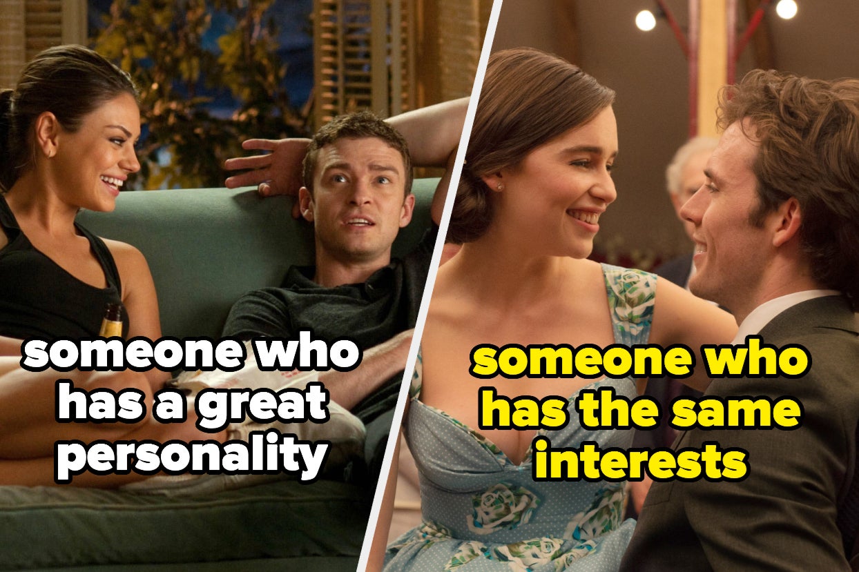 Mila Kunis and Justin Timberlake talking, Emilia Clarke and Sam Claflin sitting together, text: someone who has a great personality someone who has the same interests