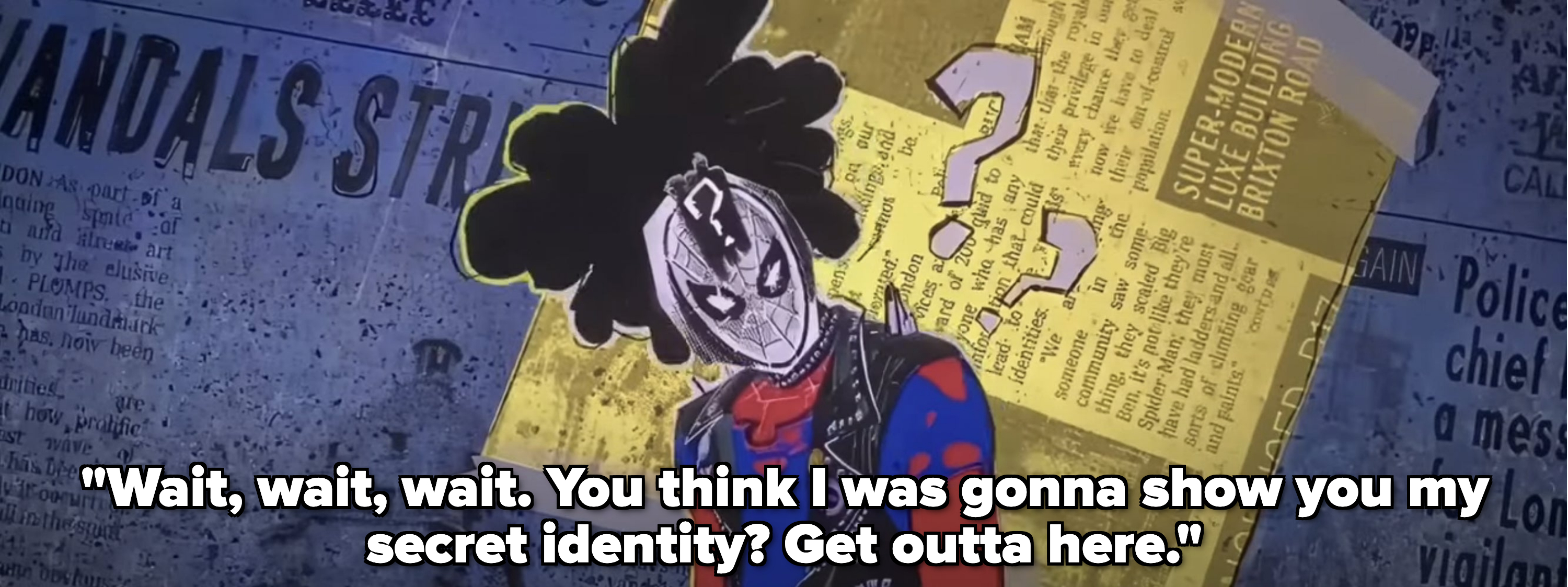 Spider-Punk with his mask off but his identity blocked out