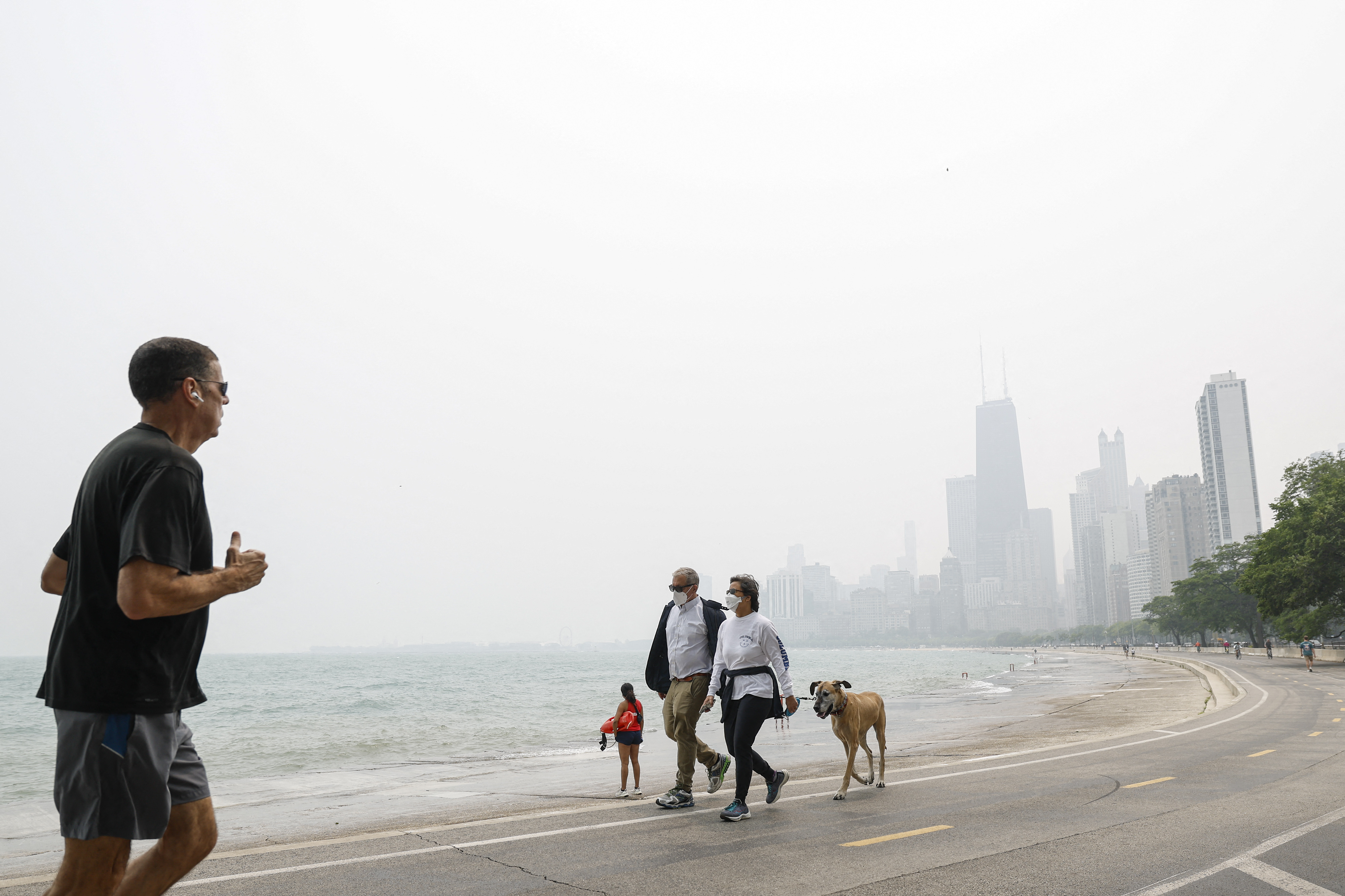 A man runs on the pathway in the opposite direction of a couple walking with their dog