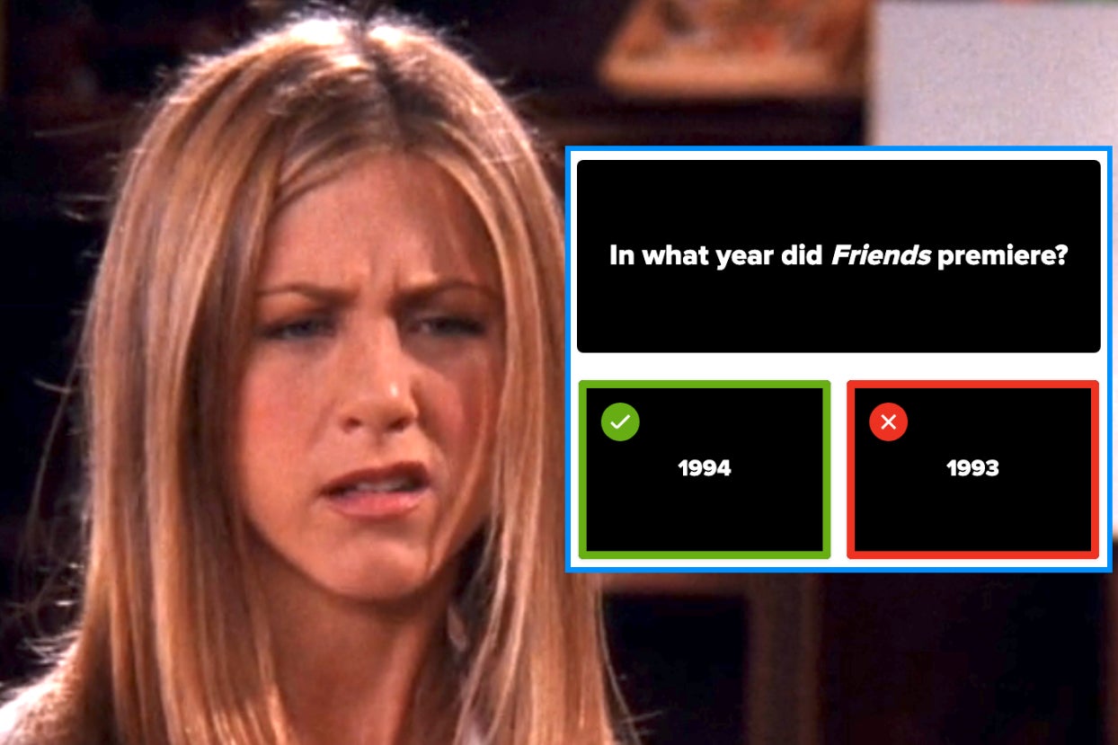 Rachel from Friends furrowing her brows next to a screenshot of the question in what year did Friends premier with 1993 selected as the incorrect answer
