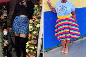 on left: reviewer wearing blue mini skirt with blue flower pattern. on right: reviewer wearing rainbow stripe flare skirt