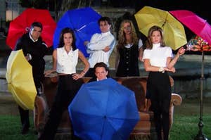 The whole Friends crew posing with Umbrellas in their hands in the opening credits