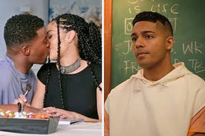 Two characters from "All American" kiss next to a separate image of Jordan from the show standing in a classroom.