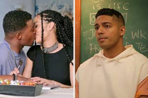 Two characters from "All American" kiss next to a separate image of Jordan from the show standing in a classroom.
