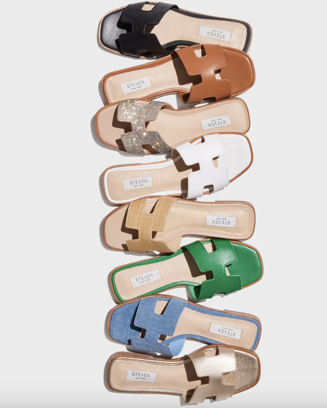 the sandals in black, tan, silver, white, beige, green, denim, and gold