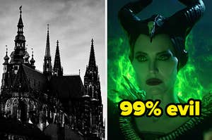 On the left, a dark castle against a dark sky, and on the right, Angelina Jolie as Maleficent labeled 99 percent evil