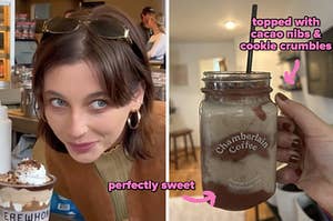 Emma Chamberlain poses with her smoothie on the left, a closeup of the smoothie is shown on the right