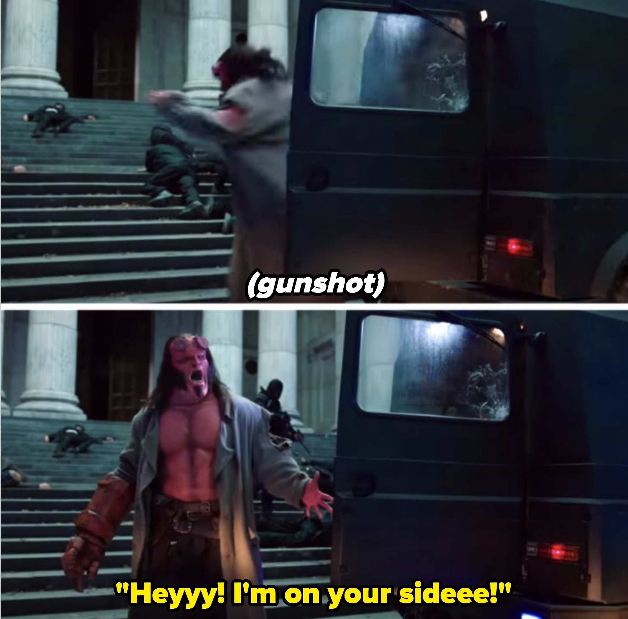 Hellboy yells after being shot at