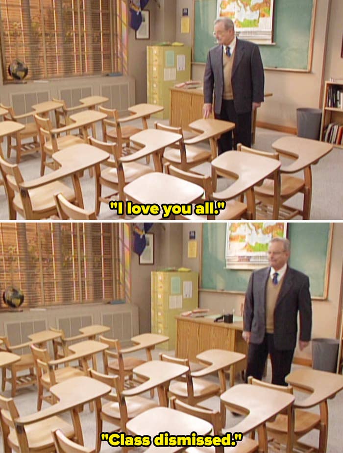 Mr. Finney saying, "I love you all. Class dismissed" to an empty classroom