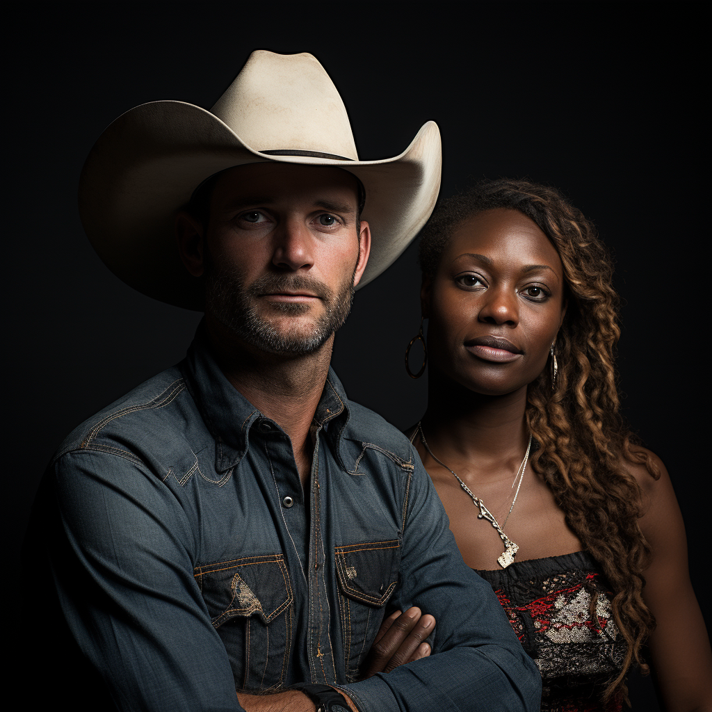 guy in a cowboy hat and denim shirt and woman in a strapless top a necklace