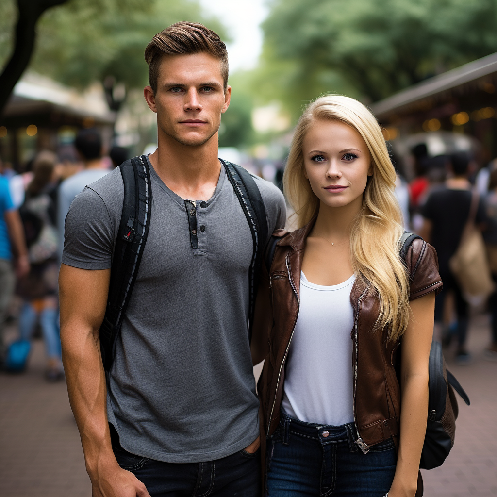 both look preppy and wear backpacks, the guy wears a henley t-shirt and the woman wears a plain t-shirt under a leather short-sleeved jacket