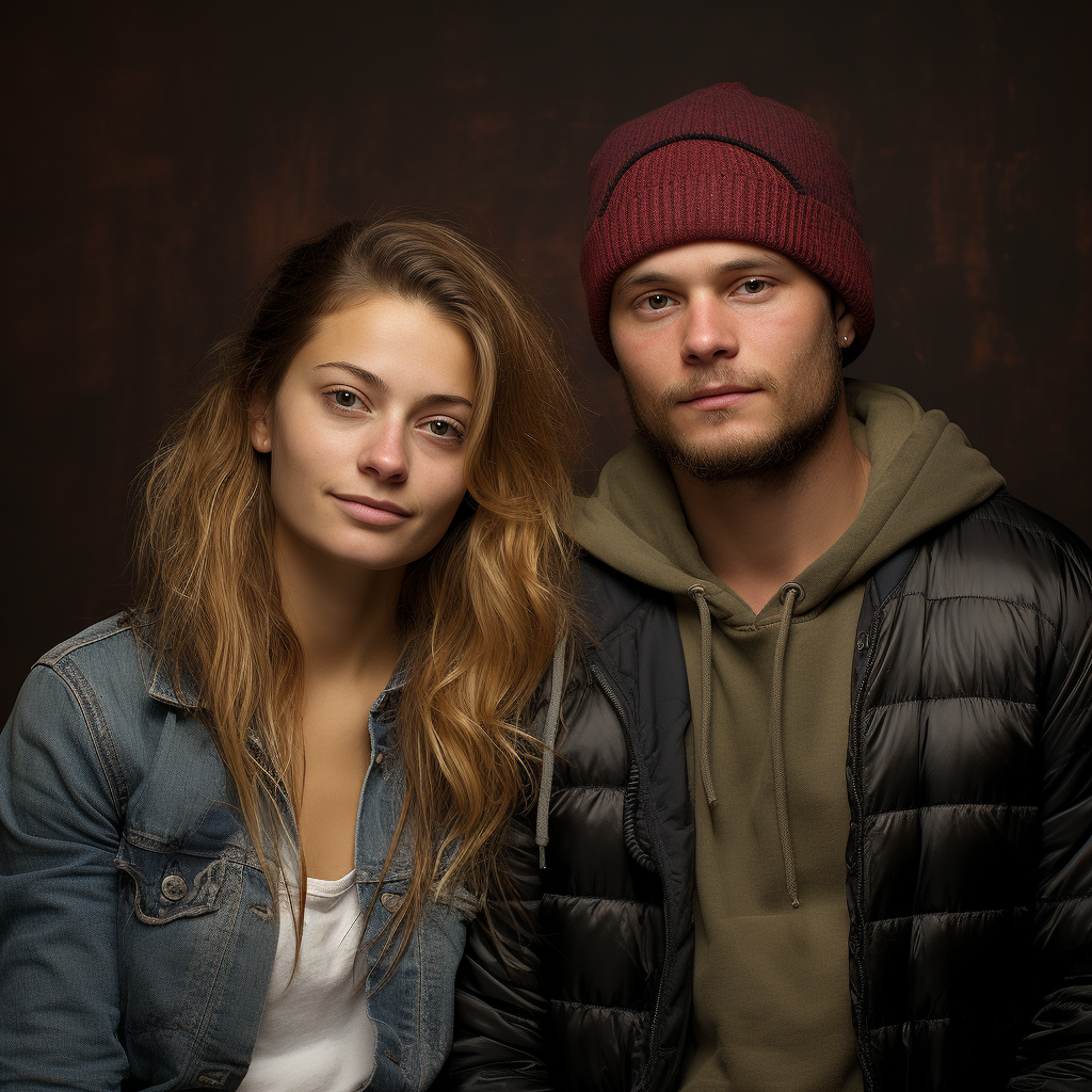 woman in a denim jacket over a plain t-shirt and guy wearing a jacket over a hoodie and a beanie