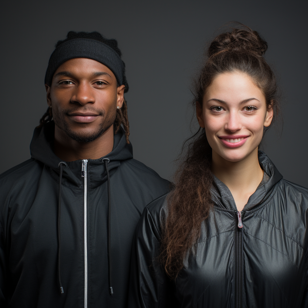 both wearing athletic jackets and guy wearing a headband while woman wears her hair half up