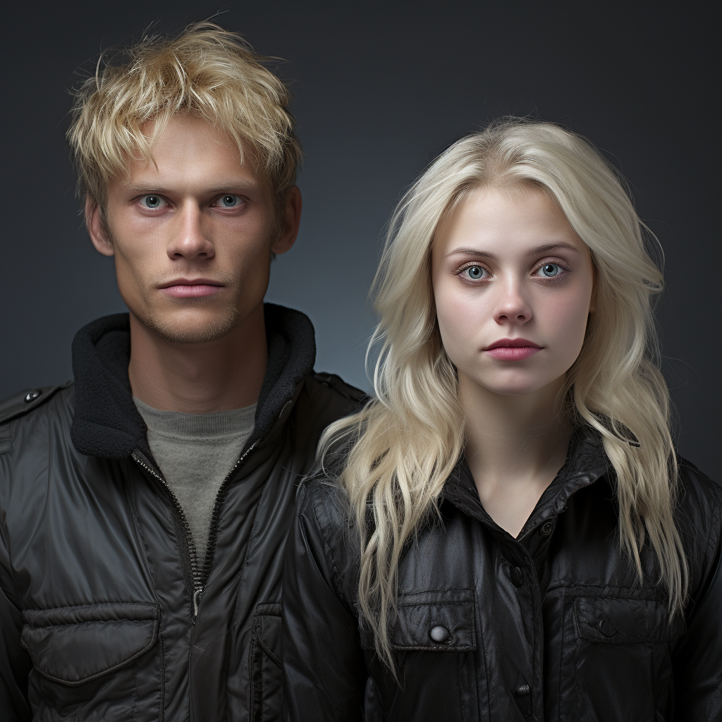 both persons wearing jackets with platinum blonde hair