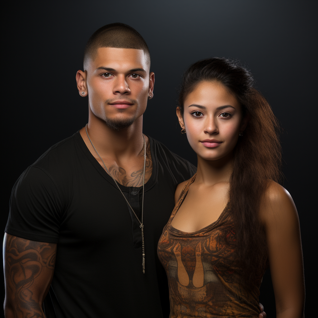 guy with tattoos showing under his shirt and has a closely shaved haircut, and woman in a printed tank top