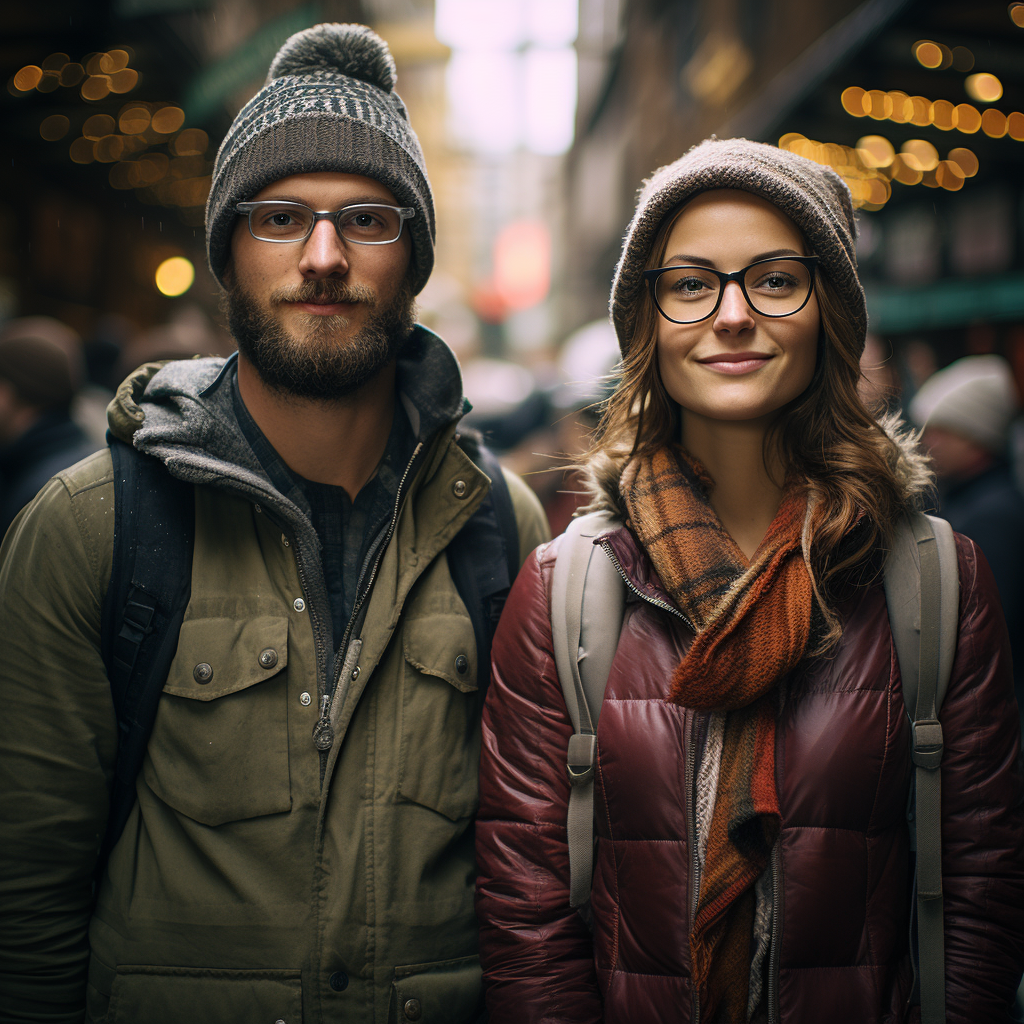 both persons wearing jackets, backpacks, beanies, and glasses
