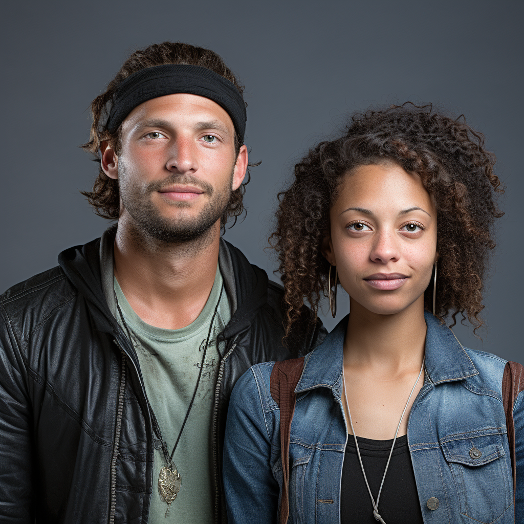 guy wearing a headband, and t-shirt under a leather jacket and woman with short curly hair wears a denim jacket and backpack
