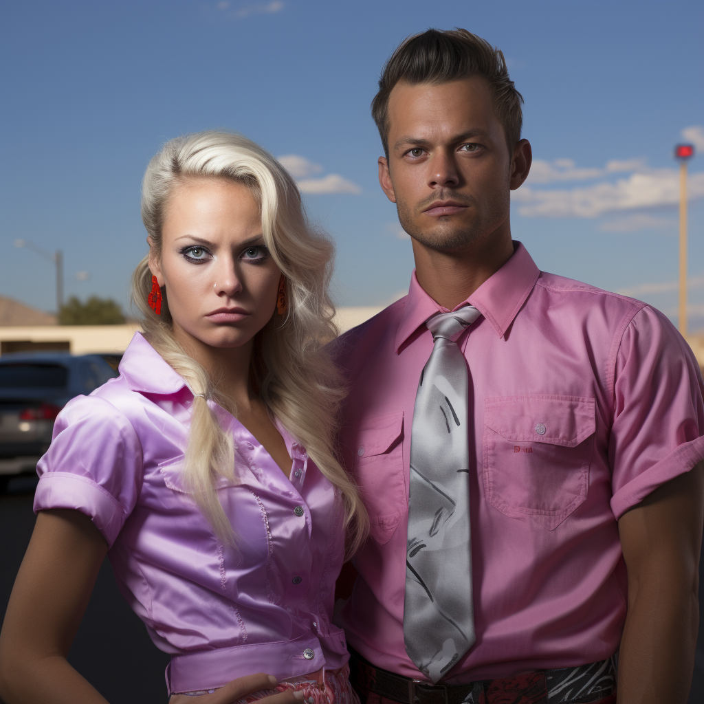 woman wearing a shiny short-sleeve button down and guy wears short-sleeved button down with a tie