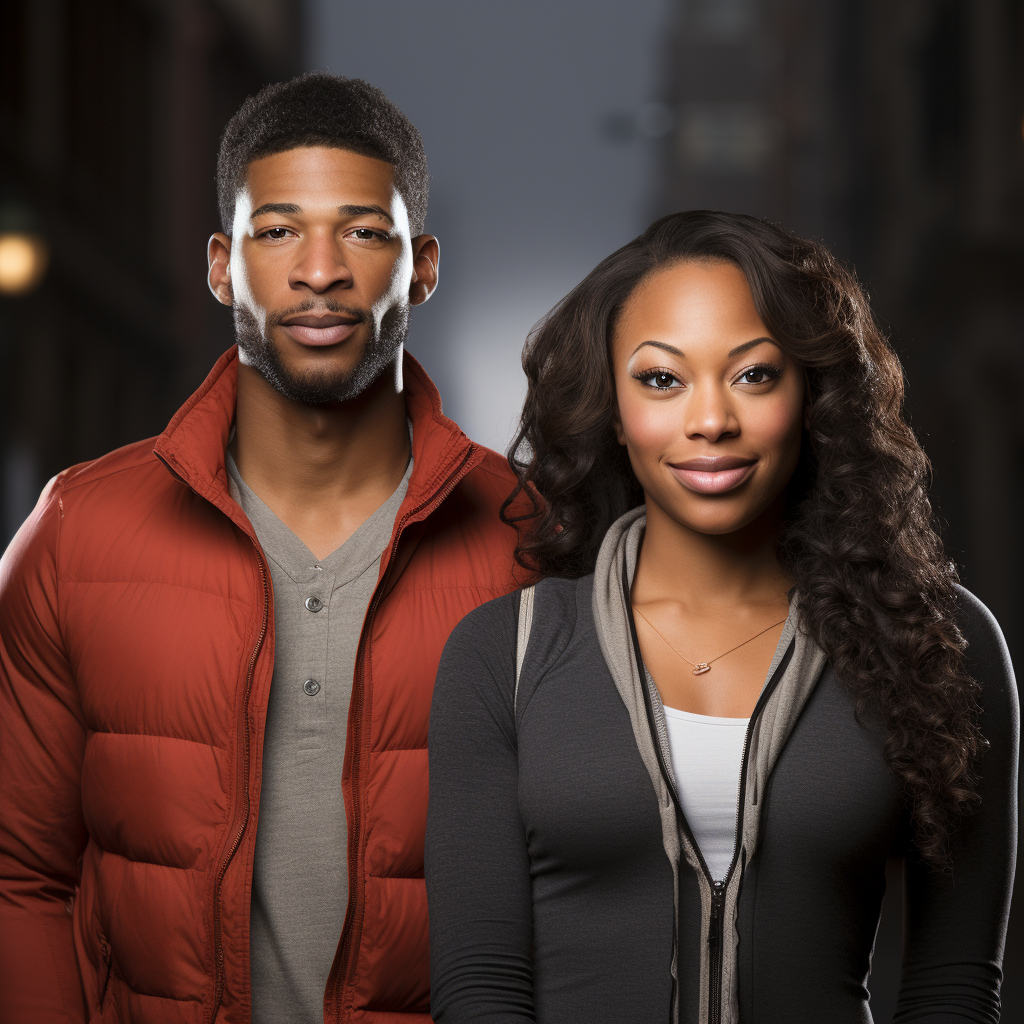 guy wears a henley shirt under a puffer jacket and woman wears an athletic zip up and hair loose in curls