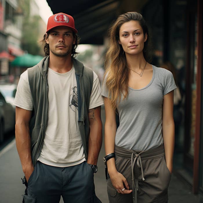 guy is wearing a baseball cap over long hair, cargo pants, sweater vest and t-shirt, woman is wear a plain t-shirt and joggers