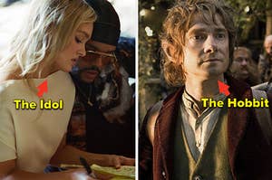 Lily Rose Depp and The Weeknd cozy up near a notepad / Martin Freeman as Bilbo Baggins holds a walking stick and backpack in the first "Hobbit" film
