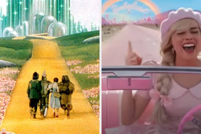 Side-by-side of screenshots from &quot;The Wizard of Oz&quot; and &quot;Barbie&quot;
