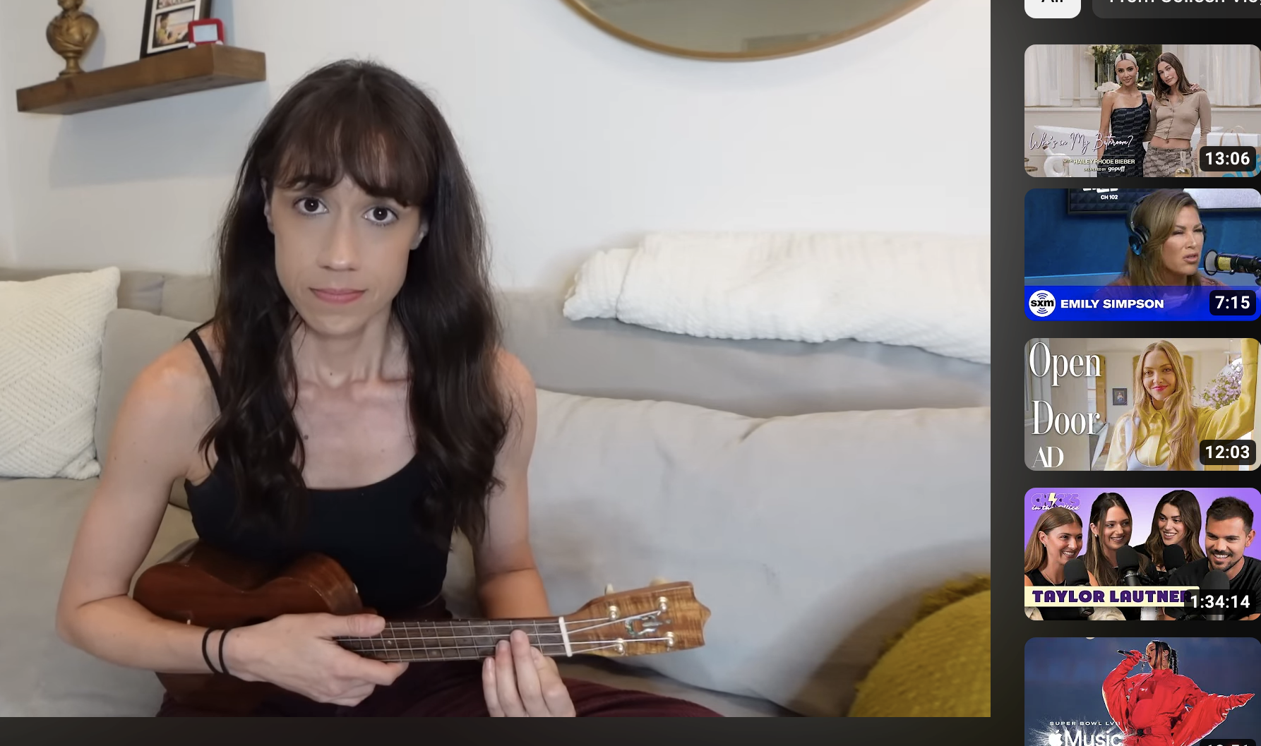 Closeup of Colleen Ballinger playing the ukulele
