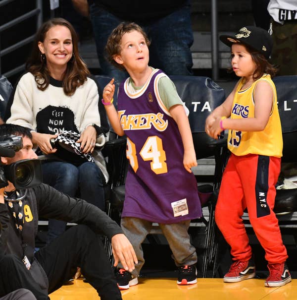 Natalie Portman and her two kids are seen at a basketball game
