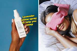 on left: model holding bottle of Deep Sleep Pillow Spray. on right: model sleeping while wearing pink weighted eye mask