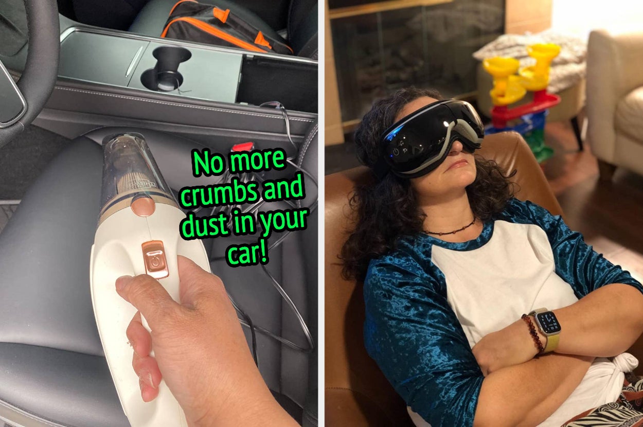 on left: reviewer using white small car vacuum to clean gray carseat. on right: reviewer wearing black heated eye massager