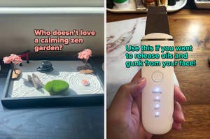 side by side photos of a zen garden and a person holding a face-scrubbing spatula