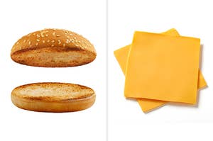 a burger bun on the left and cheese slices on the right