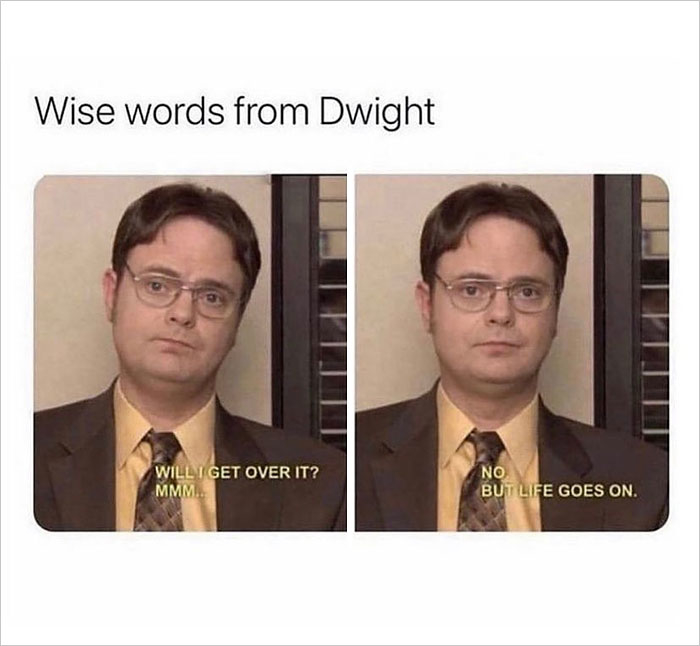Dwight saying, &quot;Life goes on&quot; in the confessional