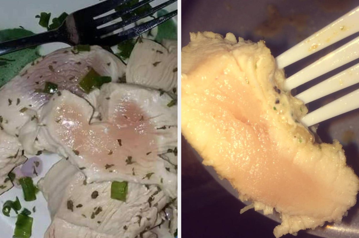 side by side of chicken cooked "medium rare"
