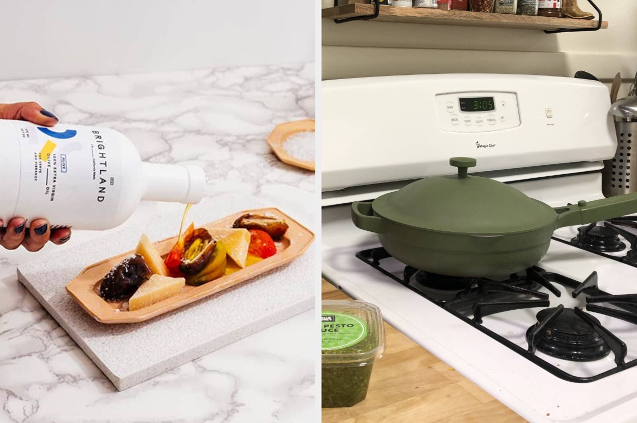on left: model pouring bottle of Brightland Olive Oil on top of fruit and cheese platter. on right: Green Always pan on stovetop