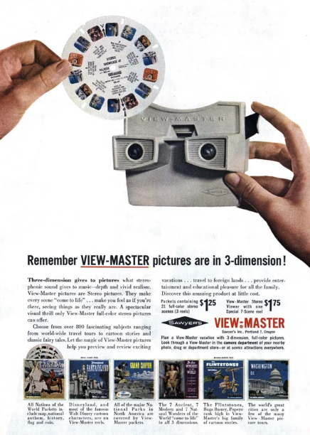 viewmaster with disc inserted inside; vintage ad