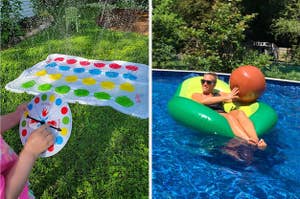 on left: Twister Splash sprinkler game in yard. on right: reviewer sitting in avocado-shaped pool float