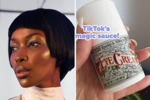 model with highlighter, hand holding eye cream "TikTok's magic sauce!"