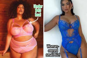 (left) pink cut-out set (right) blue bodysuit