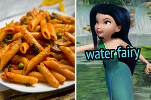 On the left, penne alla vodka, and on the right, Tinker Bell's friend Silvermist standing by waterfalls labeled water fairy