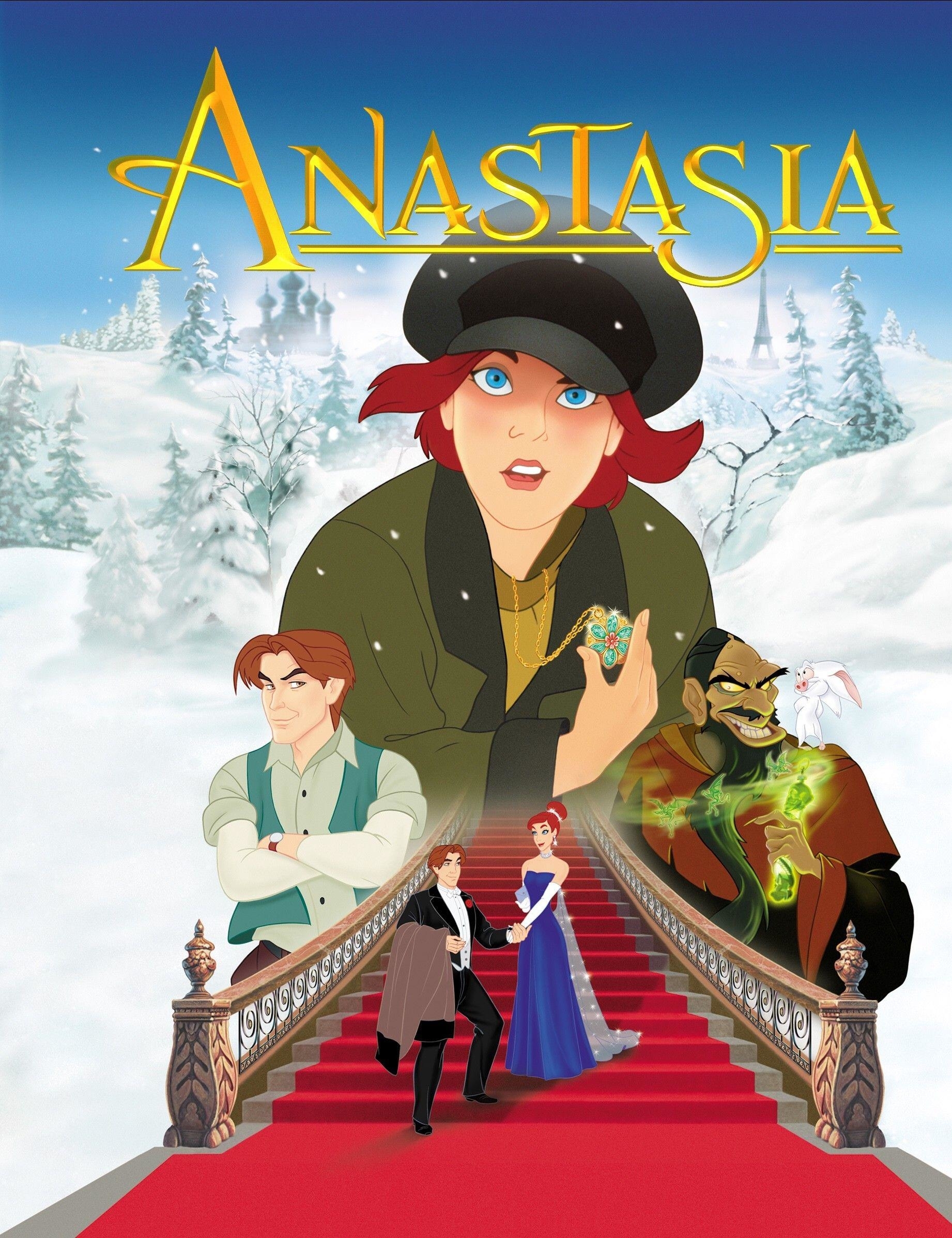 Poster for the animated film Anastasia, depicting the main characters face seeming confused at the top, the costar and villain of the film flanking her, and a scene below her of Anastasia being led down a flight of red stairs in a ballroom dress.