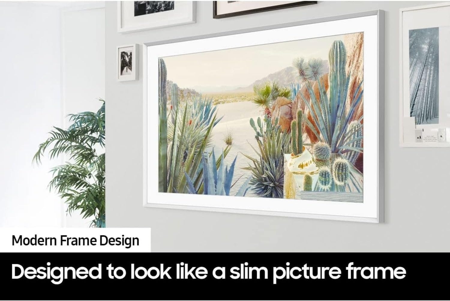 The Frame TV mounted to a wall displaying a landscape piece